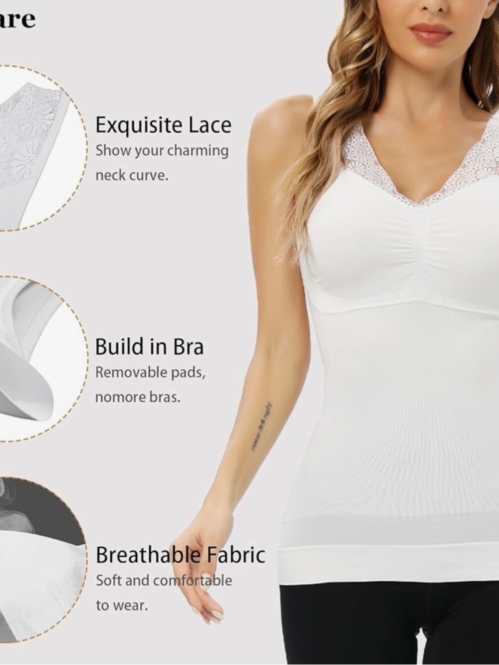 Women's Lace-Trim Built-In Bra Camisole - White